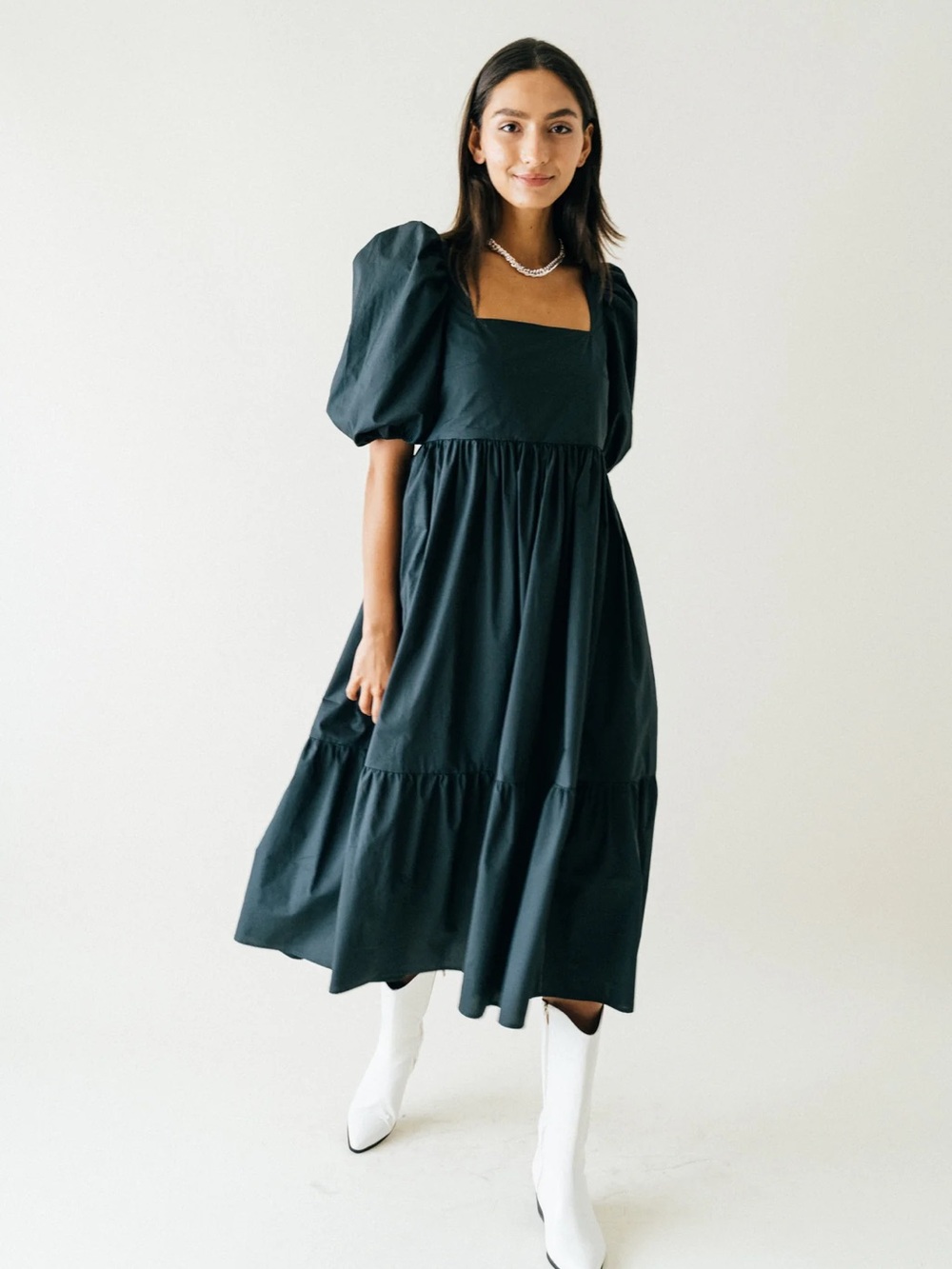 A Bronze Age Serenity Puff Sleeve Dress Stone Black